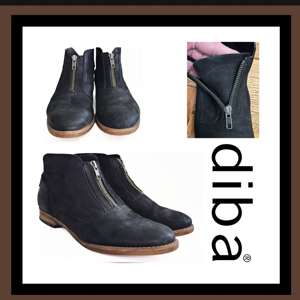 Diba Black Leather Front Zipper Ankle Booties Size 9.5